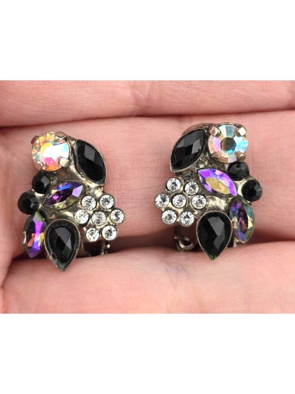 Vintage Sorrelli Black Purple & Multicolor Stones Crystal Clip-On Earrings Small